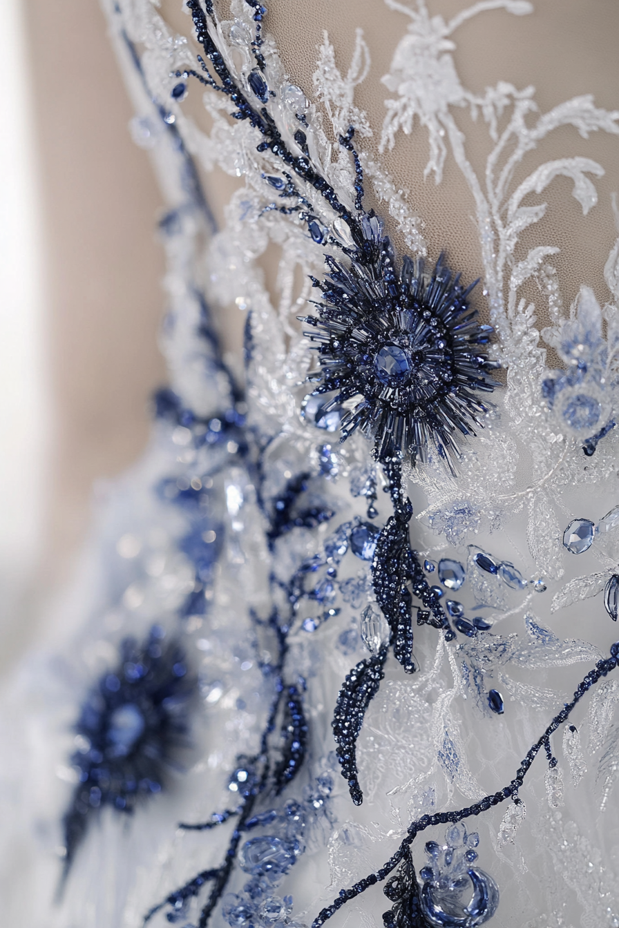 Wedding gown feature. Mermaid silhouette with sapphire crystal scatter and embroidered narrative.