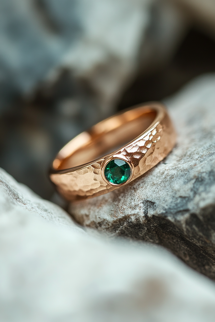 Wedding Ring Collection. Rose gold band with hidden emerald.