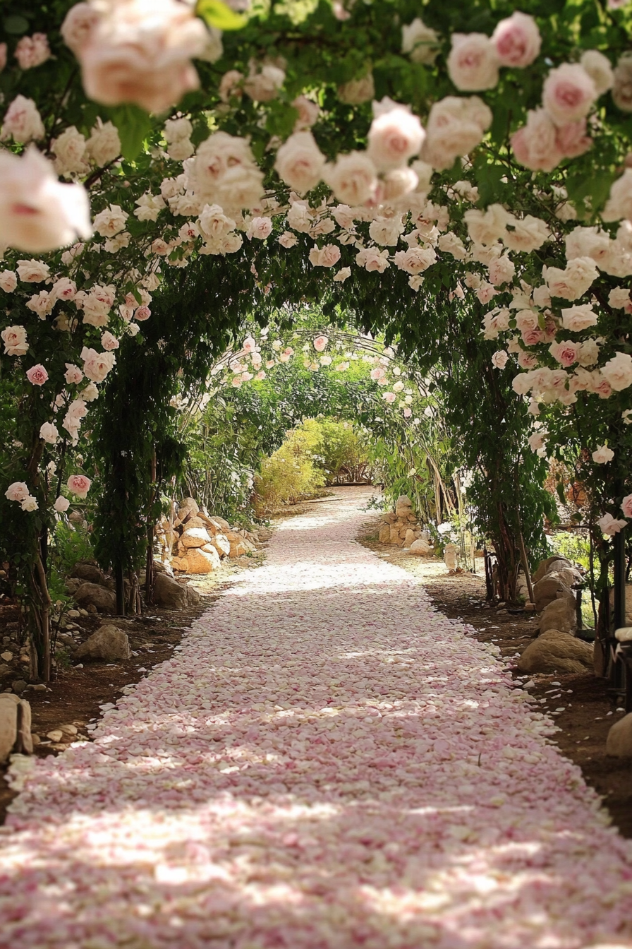 Wedding garden ceremony. White Rose arches over blush petal pathway.