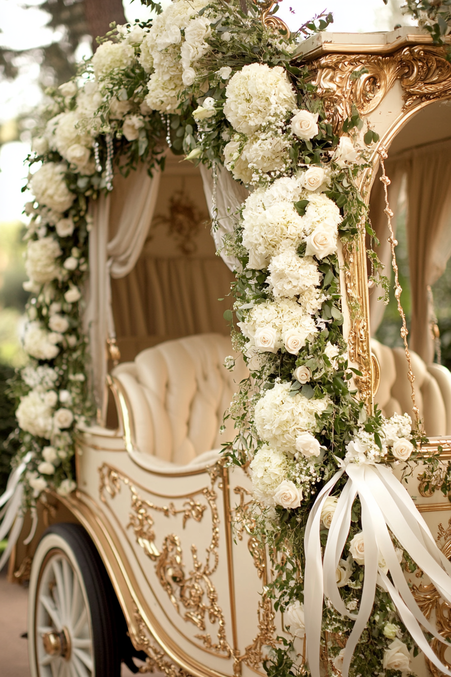 Wedding transport design. Vintage carriage adorned with white flower garlands and trailing ribbon streams.