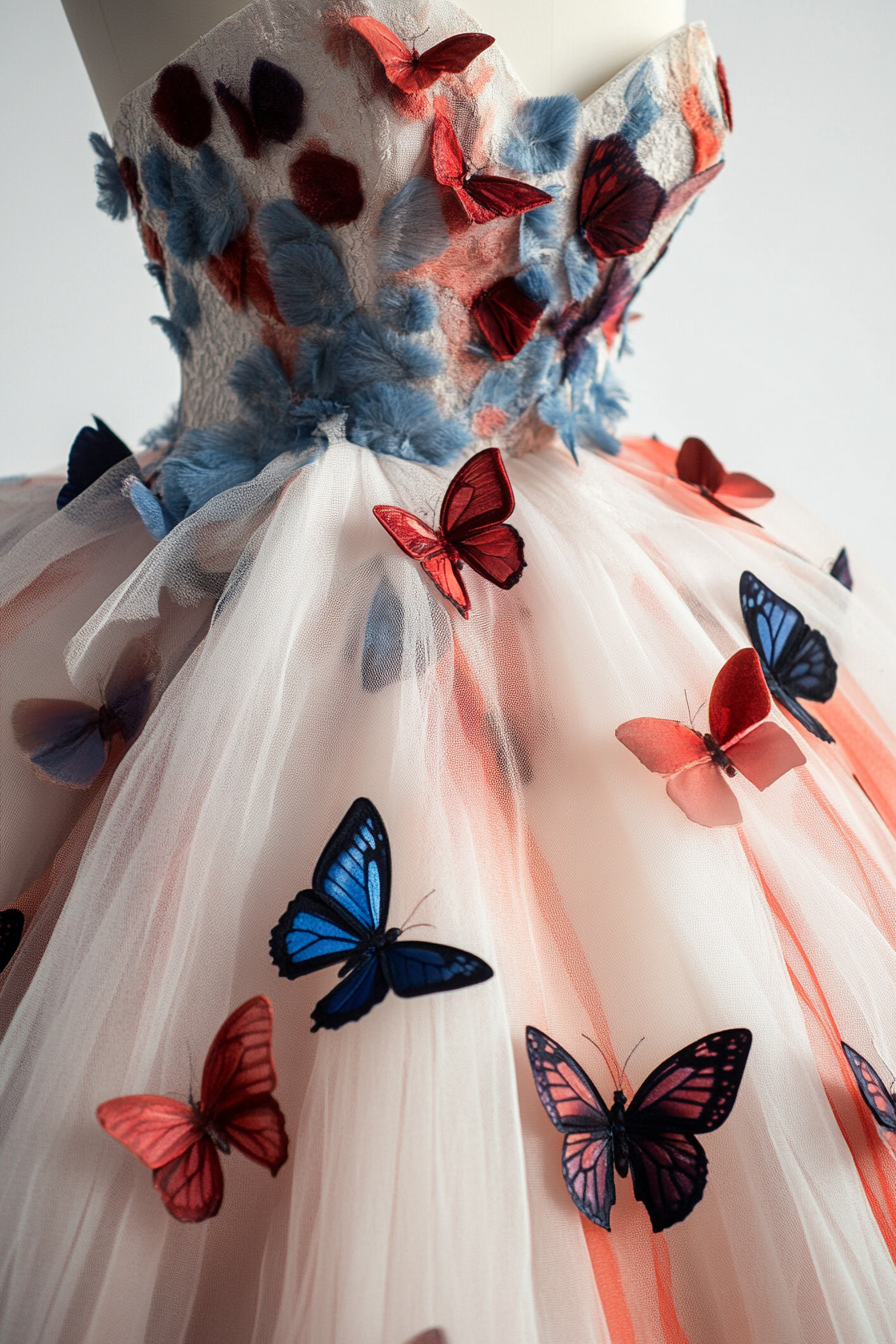 Wedding ball gown. Tulle layers with jewel-toned butterfly appliques.