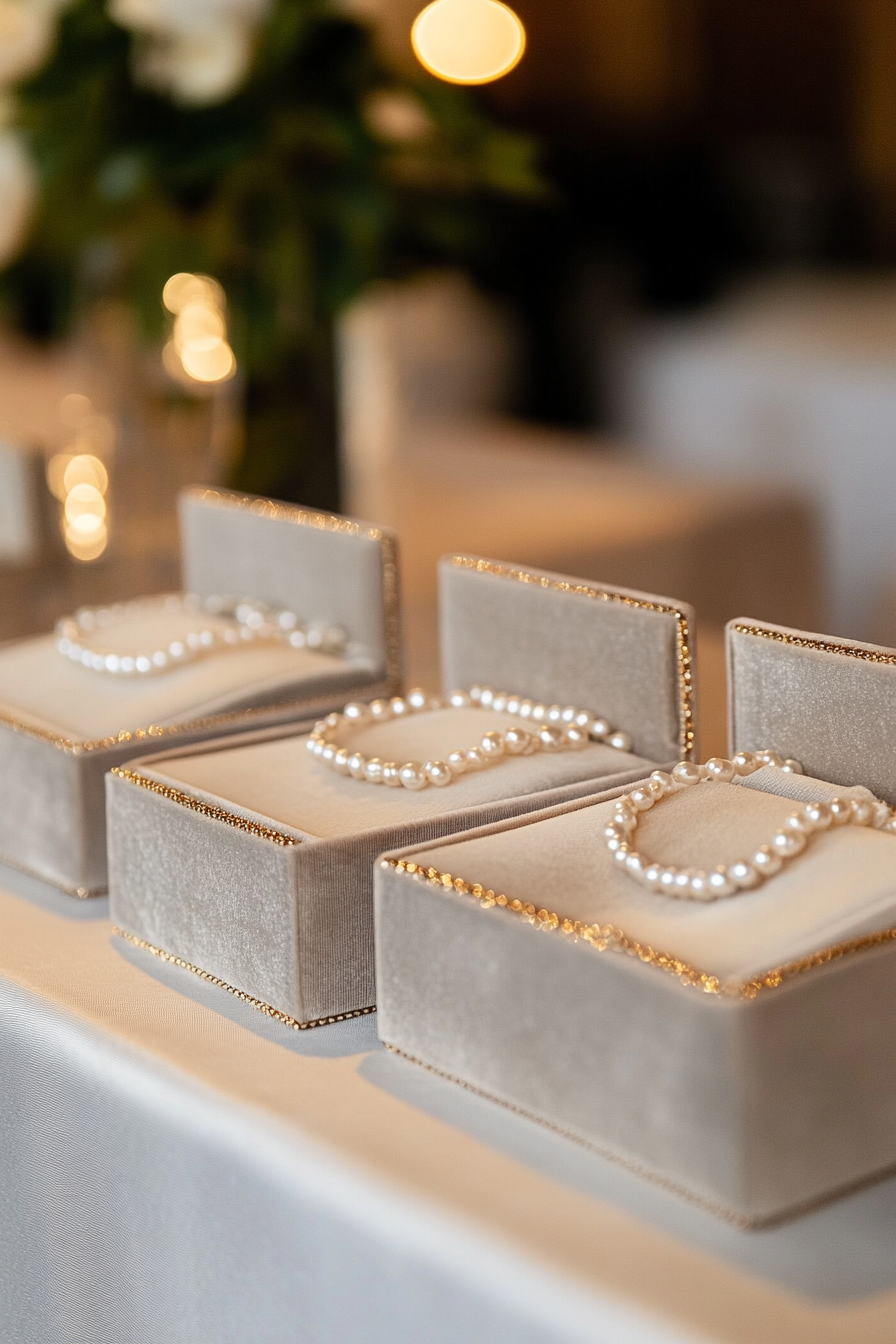 Wedding jewelry showcase. Velvet boxes with pearlescent pearl strands.