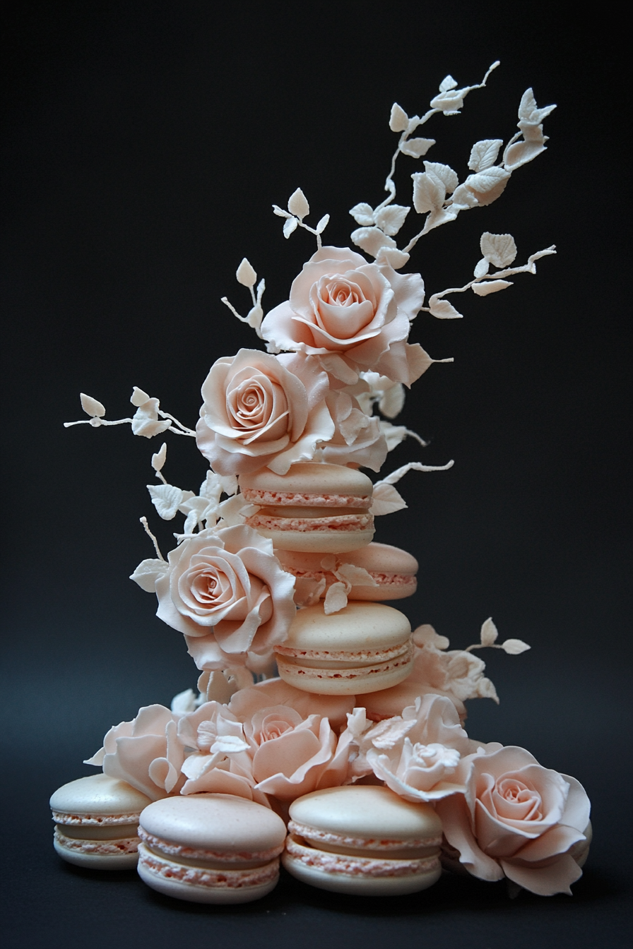 Wedding dessert display. Pink macarons with handcrafted white chocolate roses and cascading sugar petals.