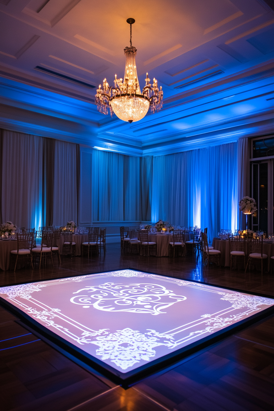 Wedding entertainment space. Blue LED borders, white lacy monogram projected on mahogany dance floor.