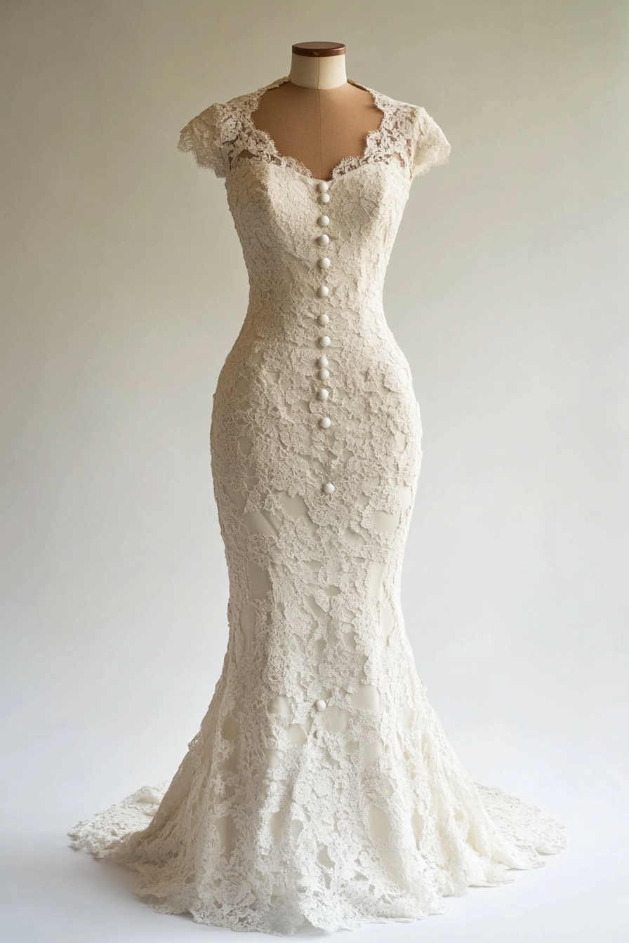 Wedding dress. Chantilly lace mermaid cut with pearl buttons.