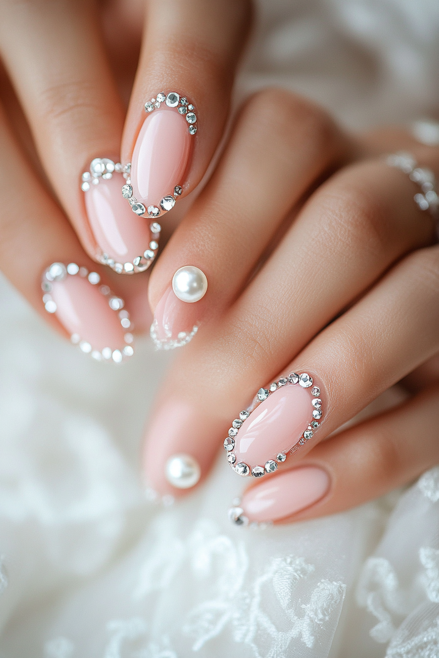 Wedding Day Manicure. Pastel pink polish with pearl accents and crystal tips.