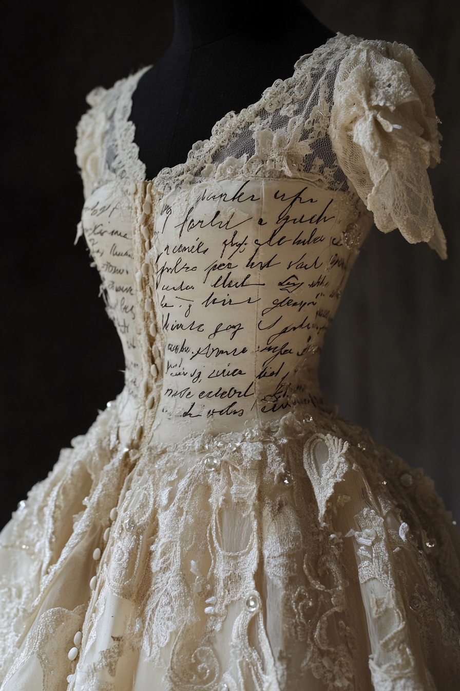 Wedding gown. Ivory lace overlay with handwritten prose embroidery and scattered crystals.