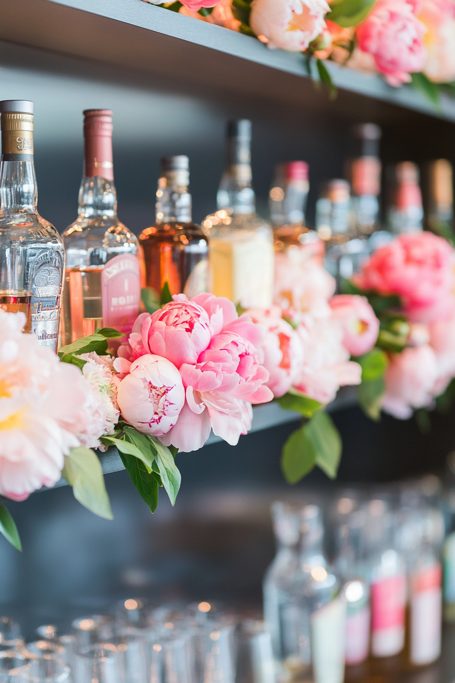 Wedding bar display. Floating shelves adorned with pastel peony garlands.