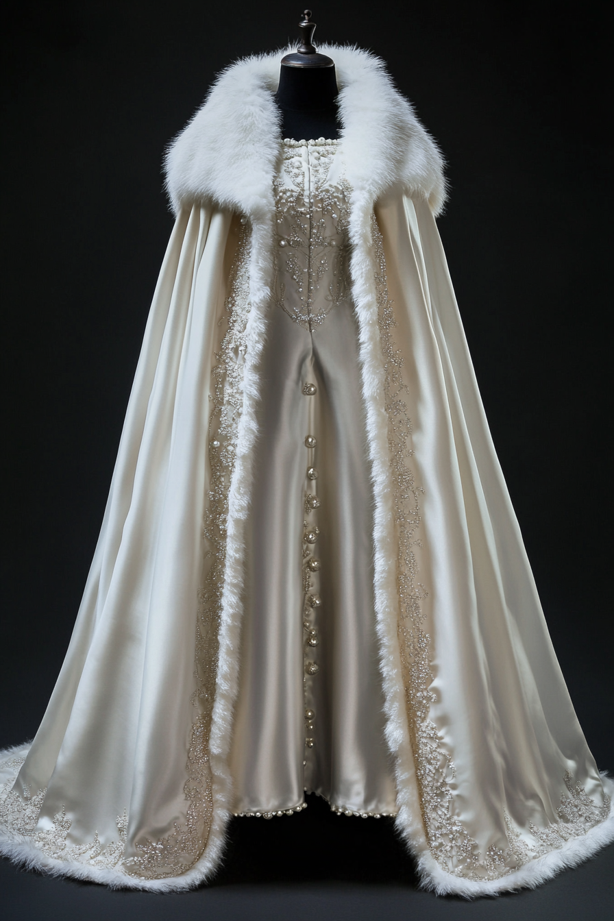 Wedding outerwear. Long satin cloak with pearl beads and white faux fur trim.