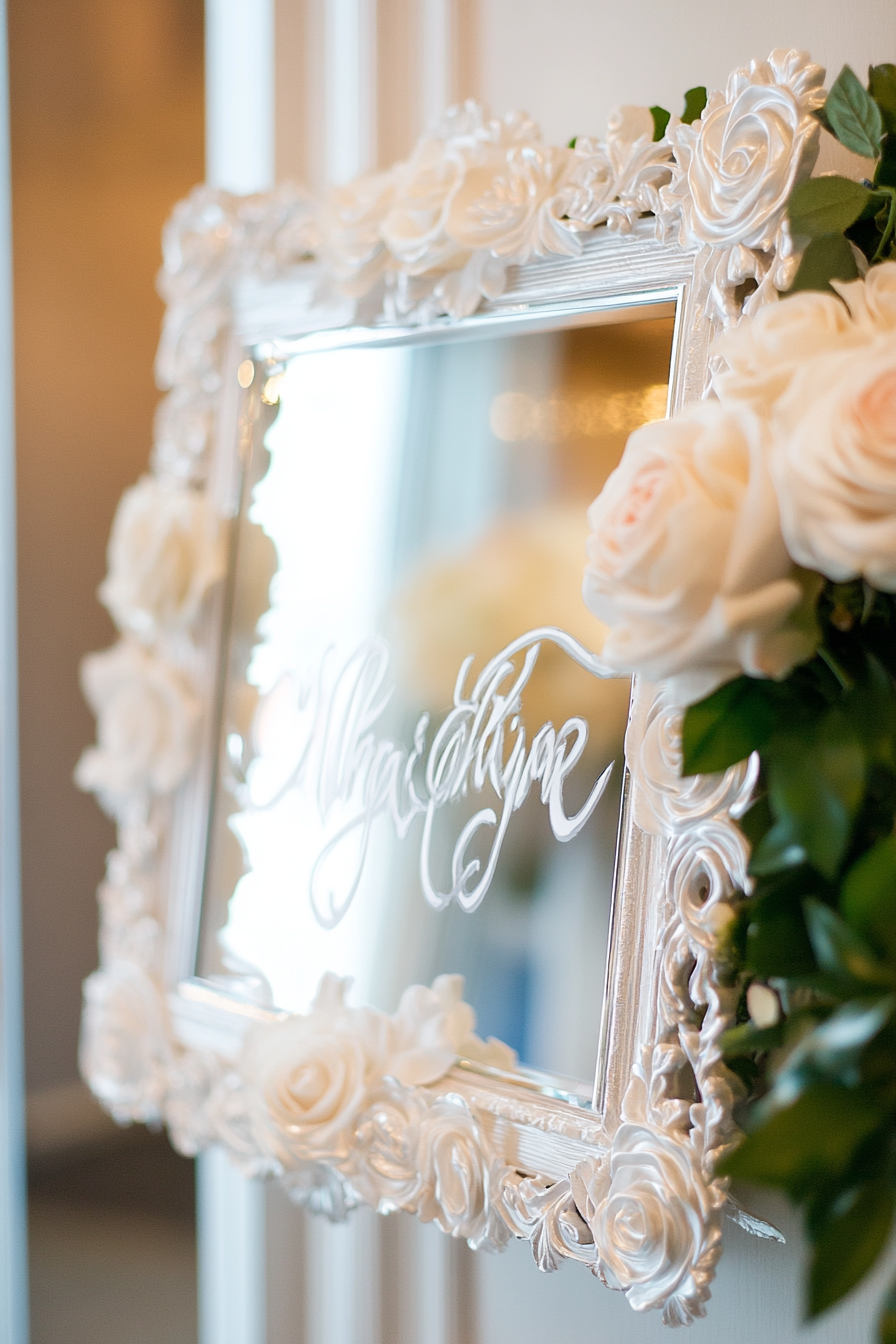 Wedding entrance display. Silver mirror calligraphy with white rose frame.