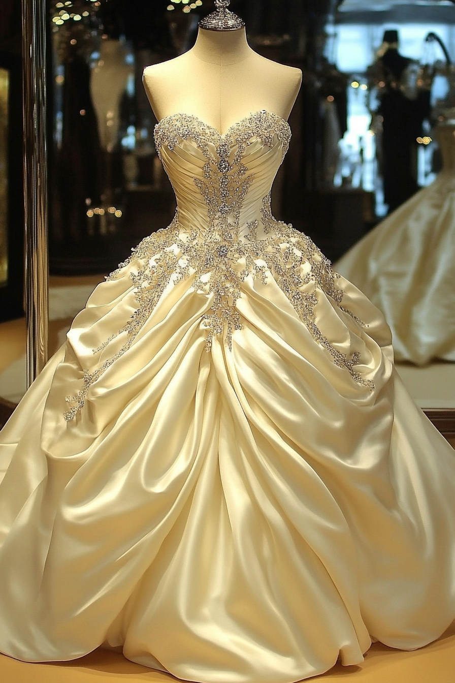 Wedding gown. Cathedral train, crystallized bodice, ivory satin fabric.