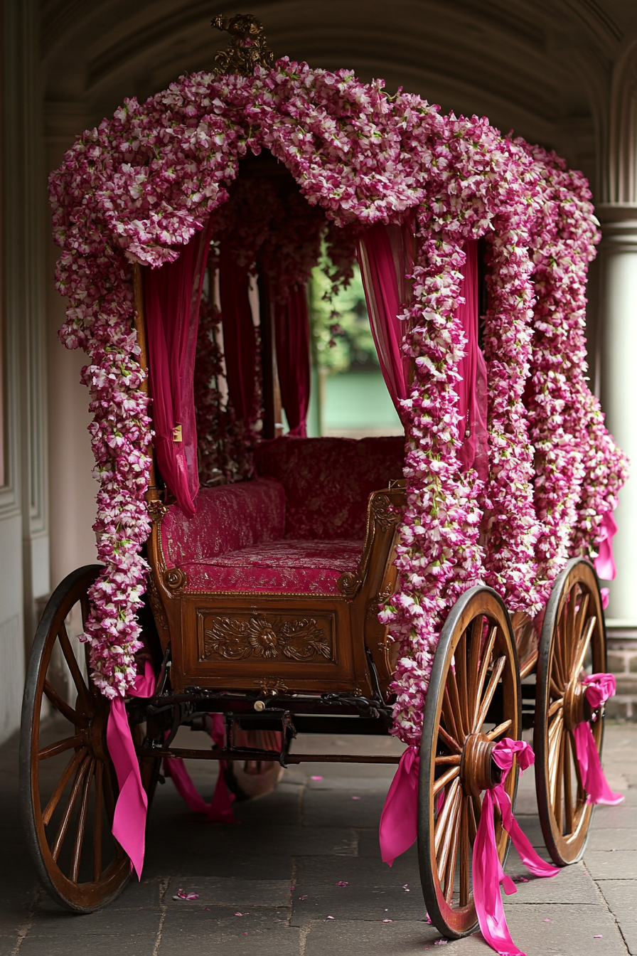 Wedding transport design. Horse-drawn carriage enrobed in jasmine garlands and dancing cerise silk ribbons.