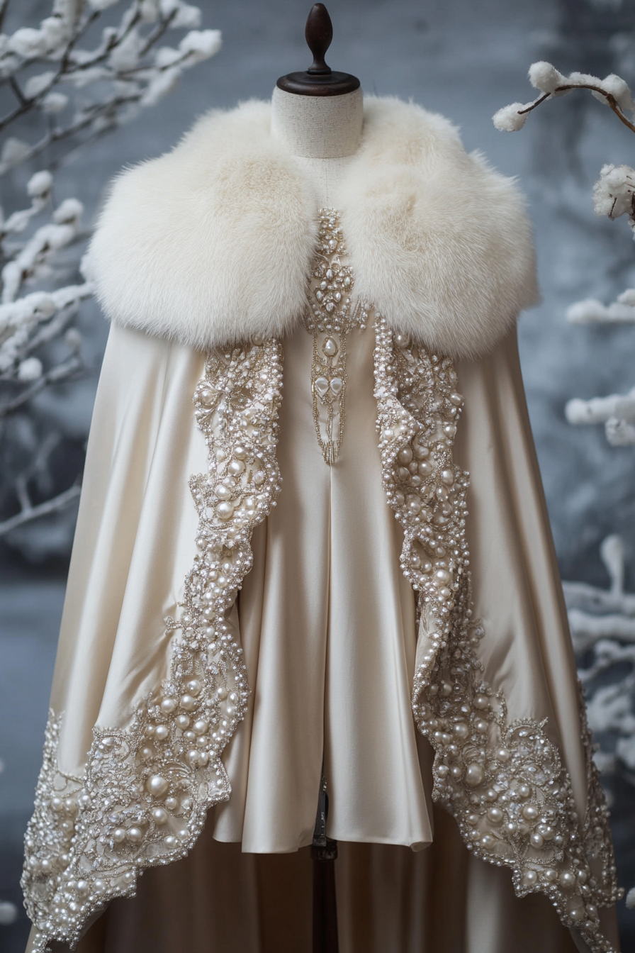 Wedding outerwear. Champagne satin cloak with pearl beading and faux fur trim.