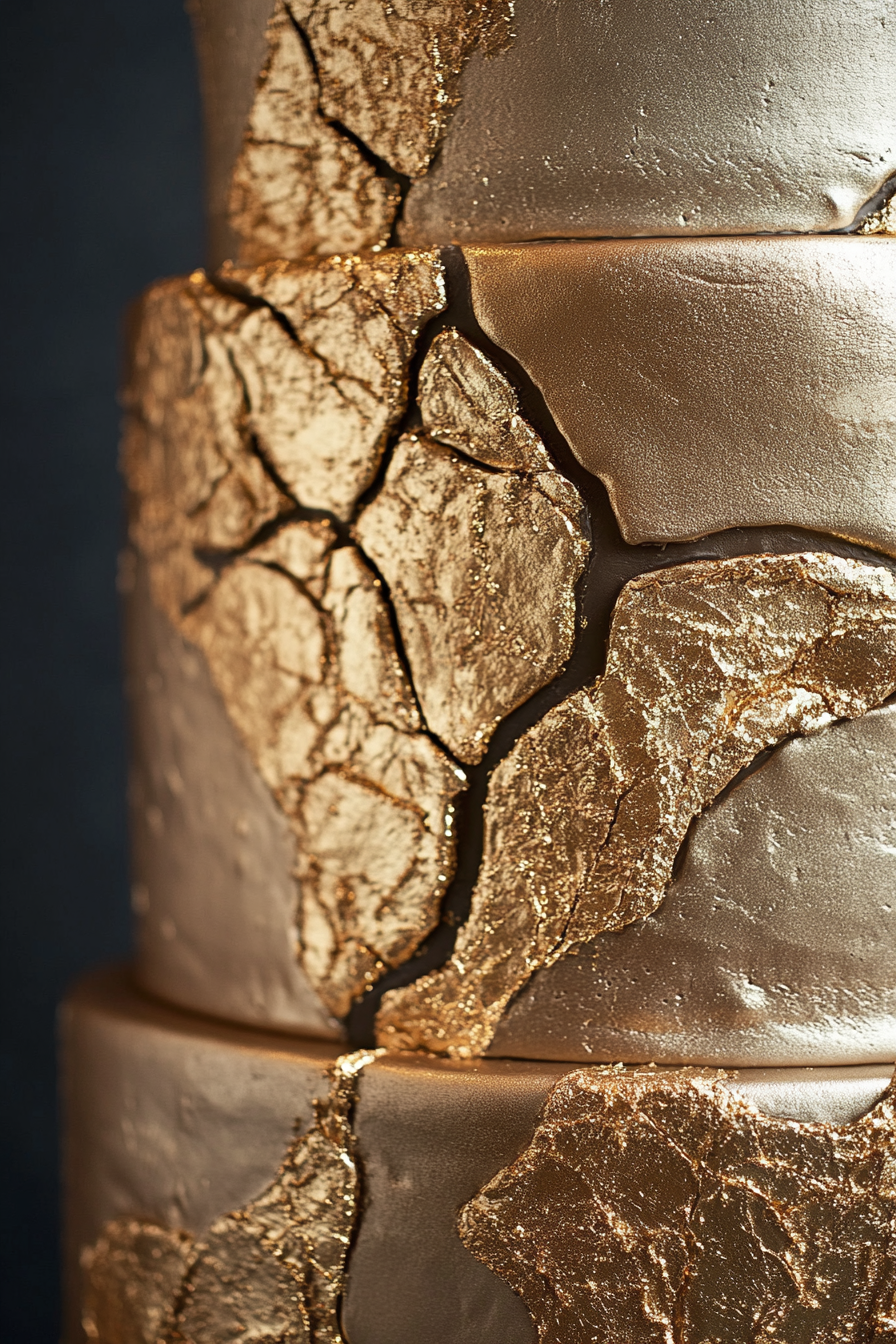 Wedding cake design. Three-tier metallic gold cake with gleaming gold veins.