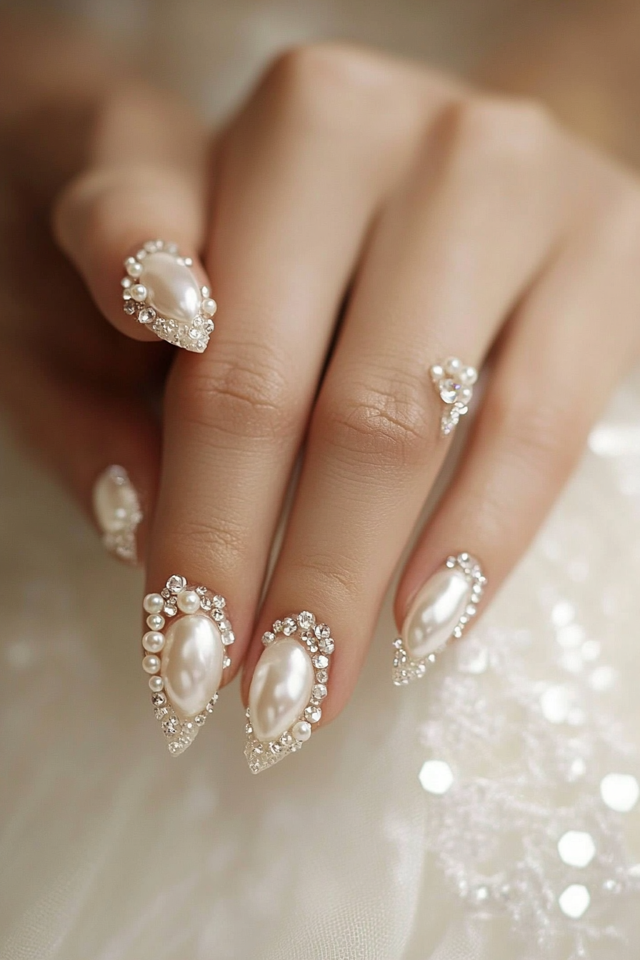 Wedding day manicure. Pearl-studded French manicure with crystal tips.