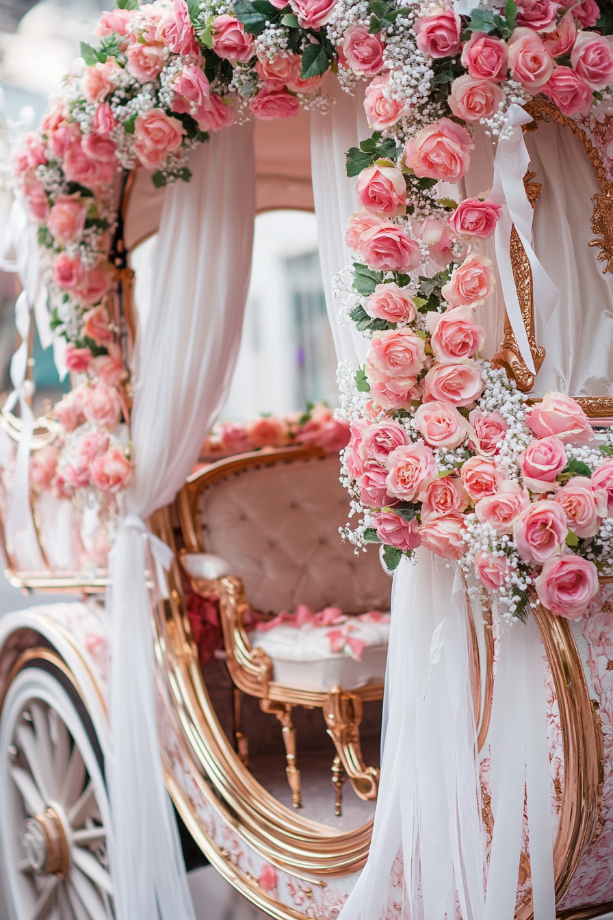 Wedding transport design. Vintage carriage adorned with pink rose garlands and white ribbon streams.