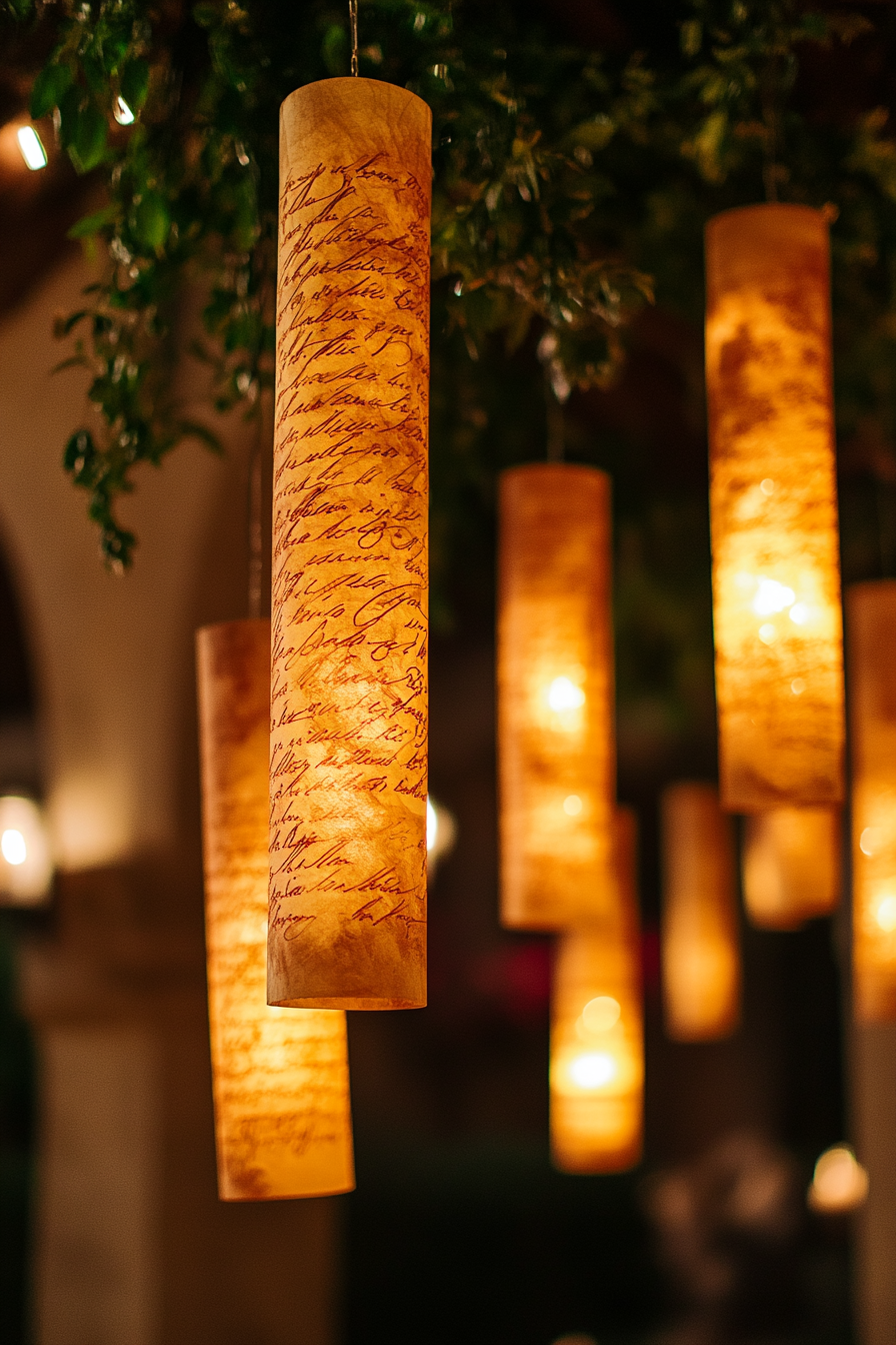 Wedding ceremony feature. Hanging calligraphy scrolls with golden illuminated text.