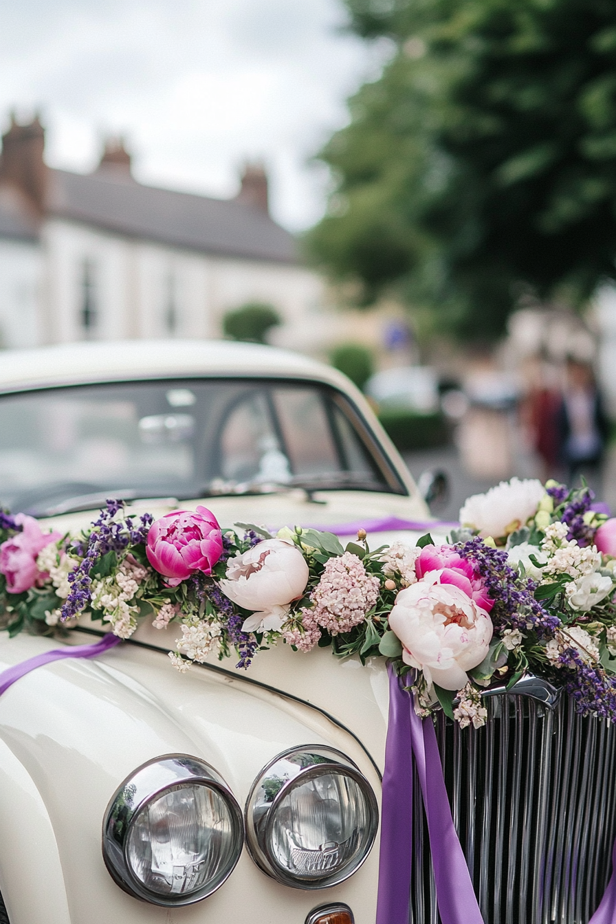 Wedding transport design. Vintage classic car embellished with peony flower garlands and lavender ribbon streams.