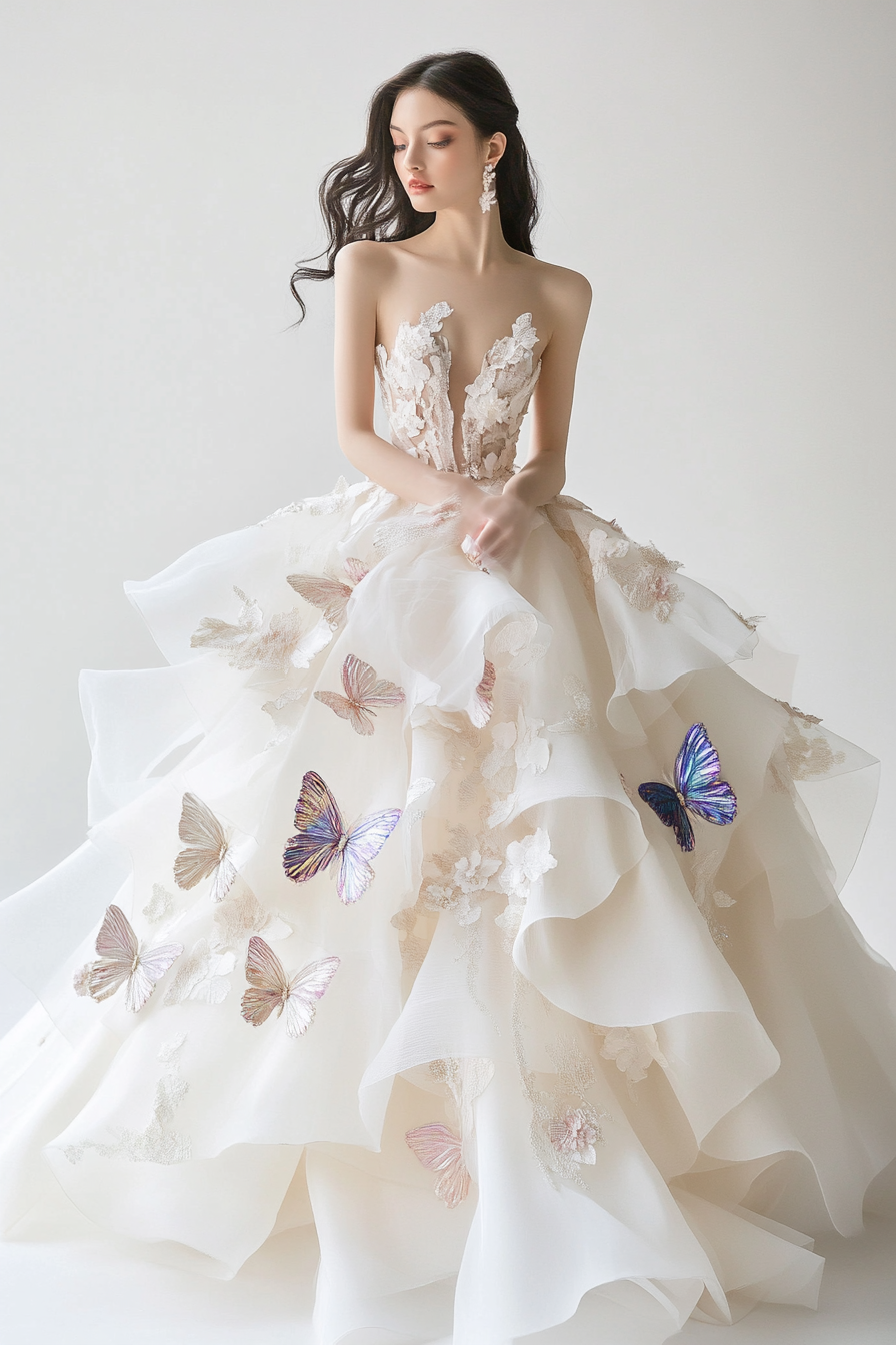 Wedding ball gown. Ivory tulle layers adorned with iridescent butterfly appliques.