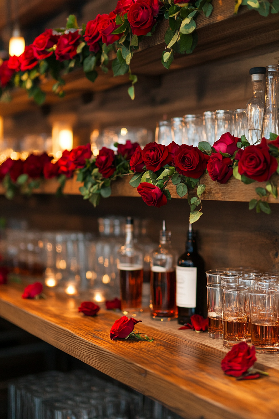 Wedding bar display. Floating shelves adorned with crimson rose garlands.