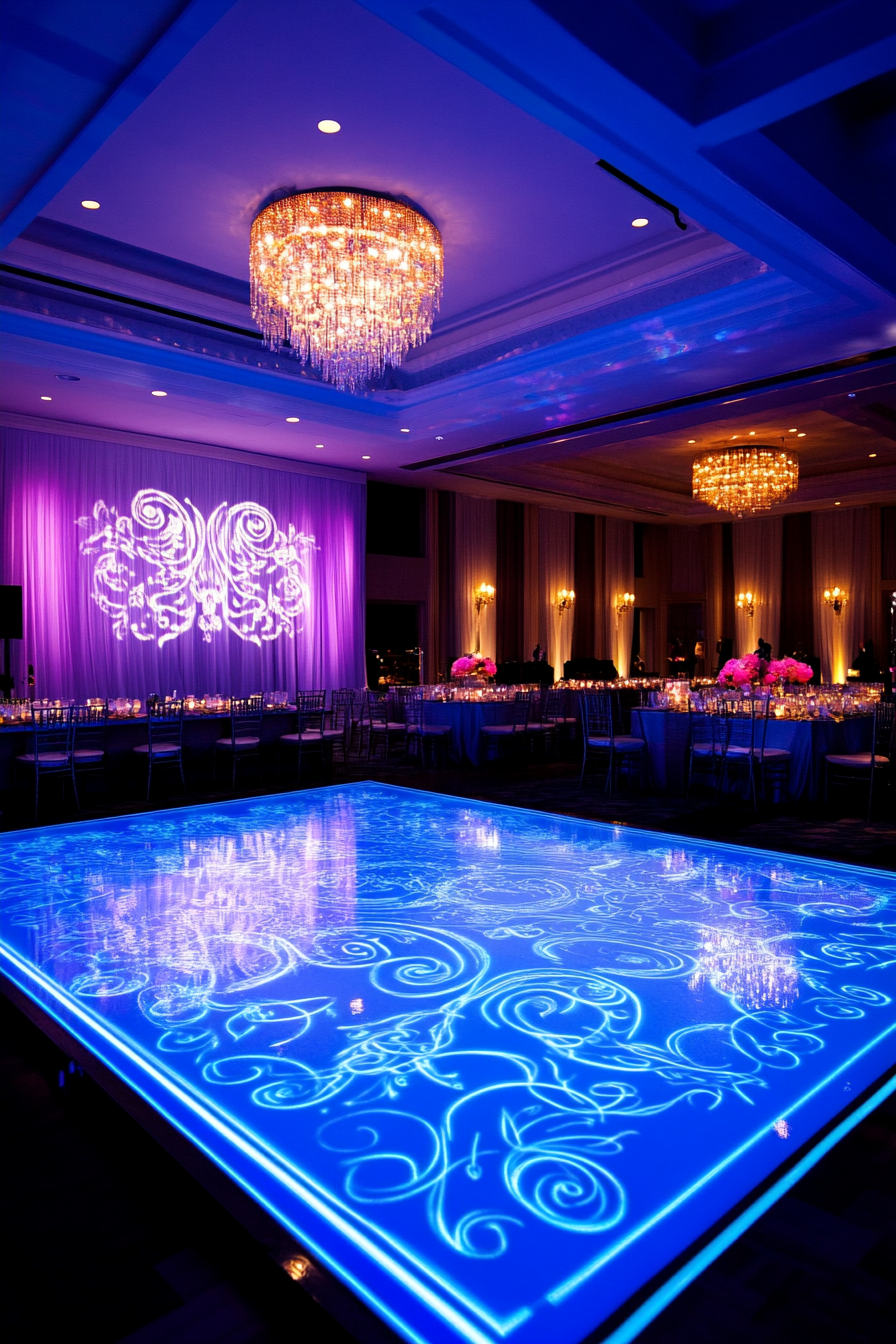 Wedding entertainment space. Dance floor with blue LED borders and intricate monogram projection.