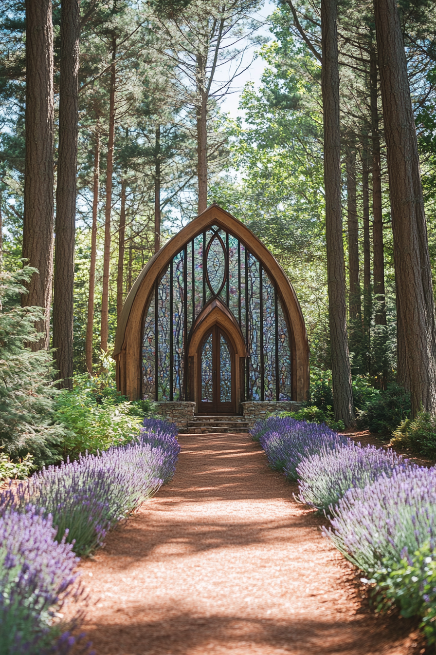 Wedding ceremony setting. Forest chapel with stained glass windows and lavender-edged walkway.