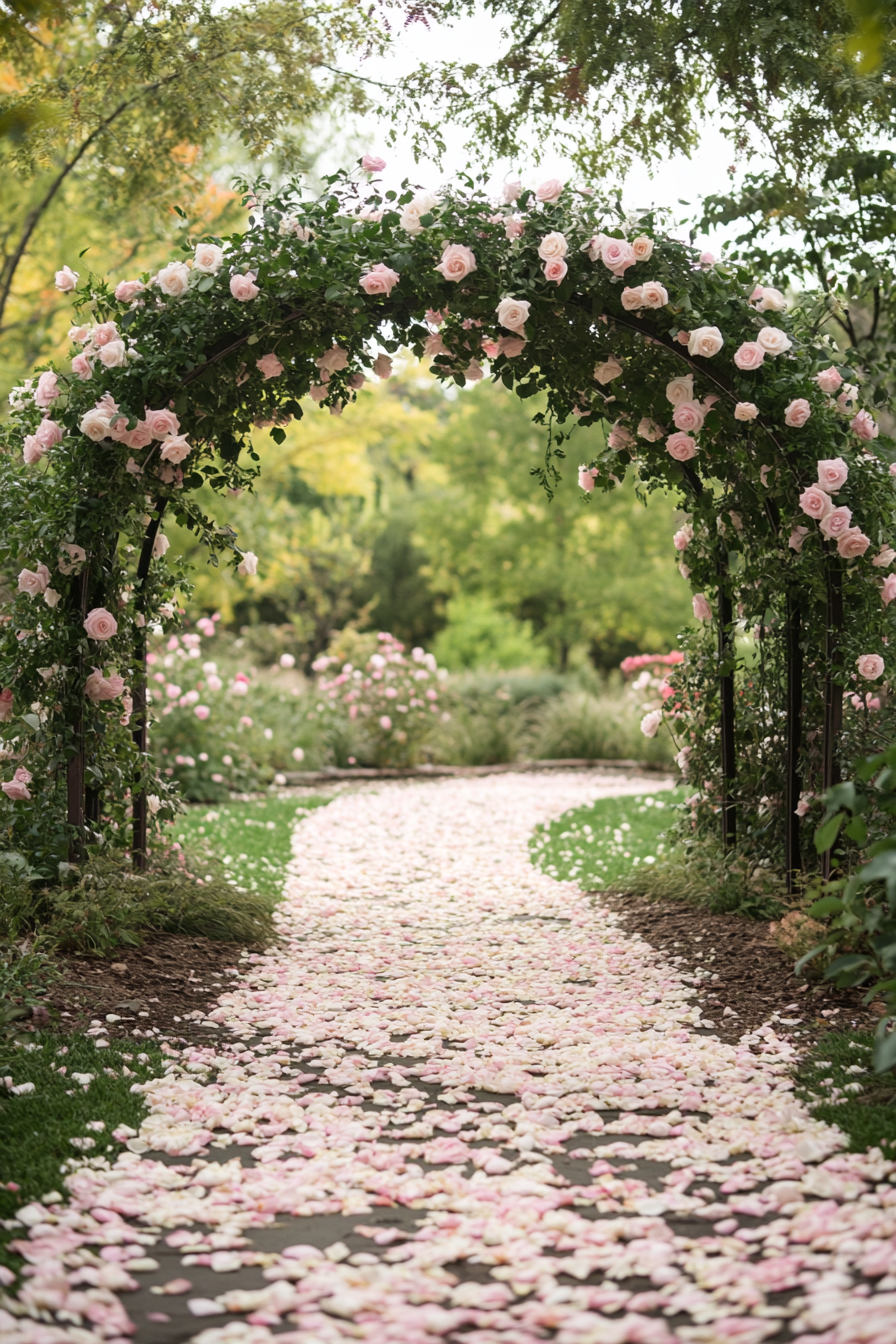 Garden wedding ceremony. Ivory rose arch with pastel pink petal pathway.