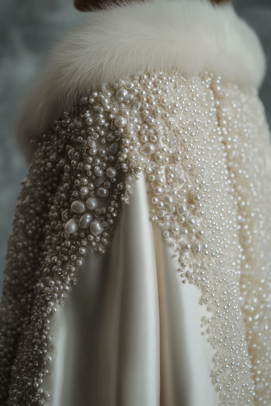 Wedding outerwear. Pearl-beaded satin cape with faux fur trim.