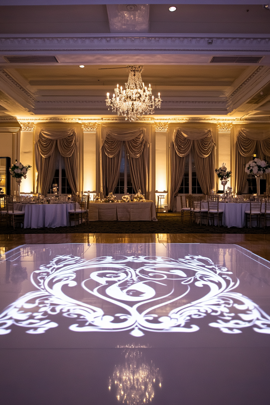 Wedding entertainment space. Monogram LED projection on dance floor with silver decorative borders.