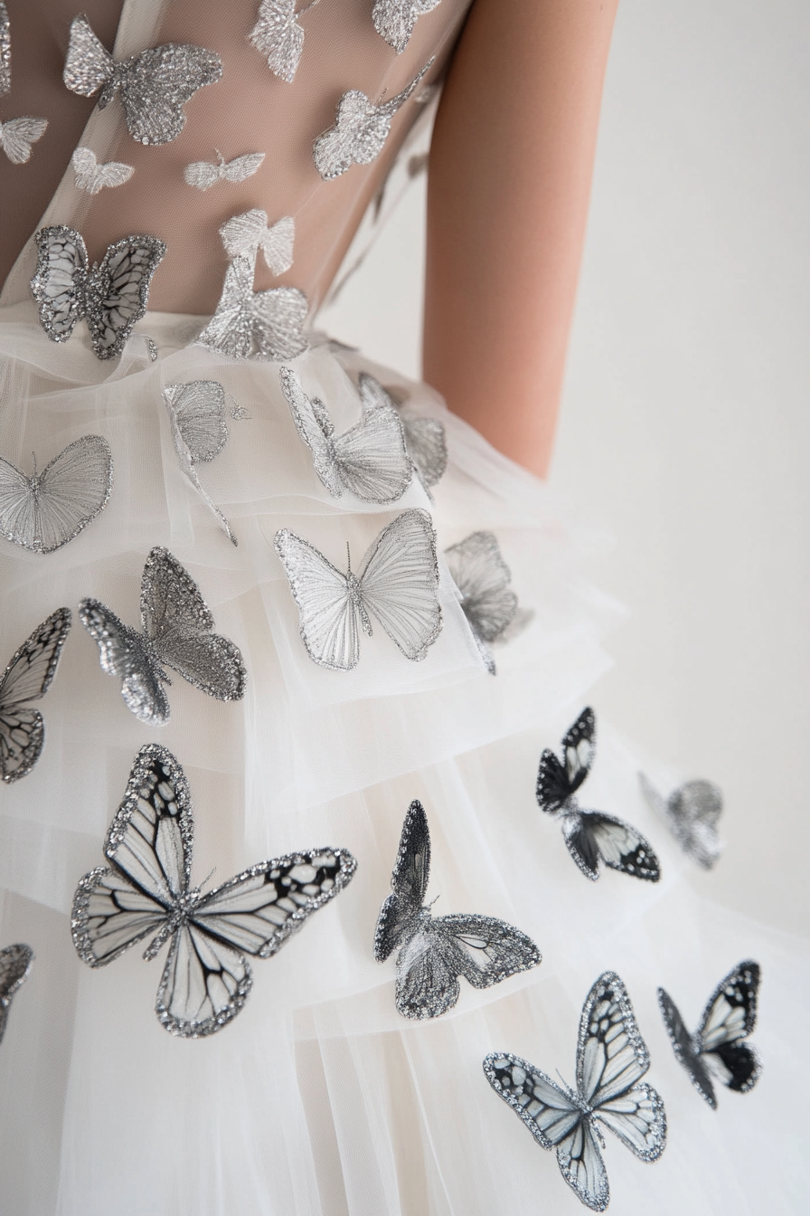 Wedding ball gown. Tulle layers with silver butterfly appliques.