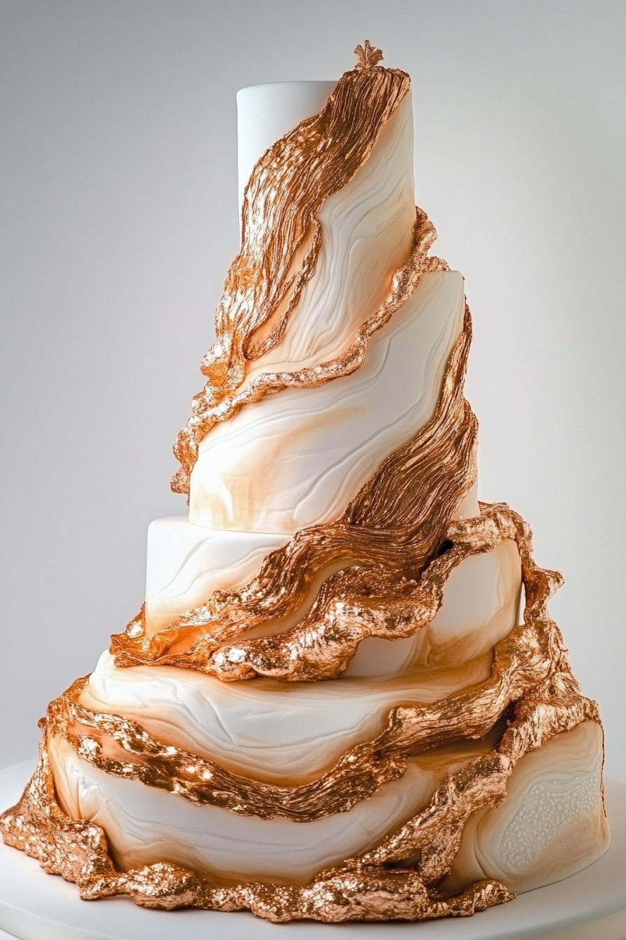 Wedding cake design. Rose gold veining on marzipan-covered tiers.