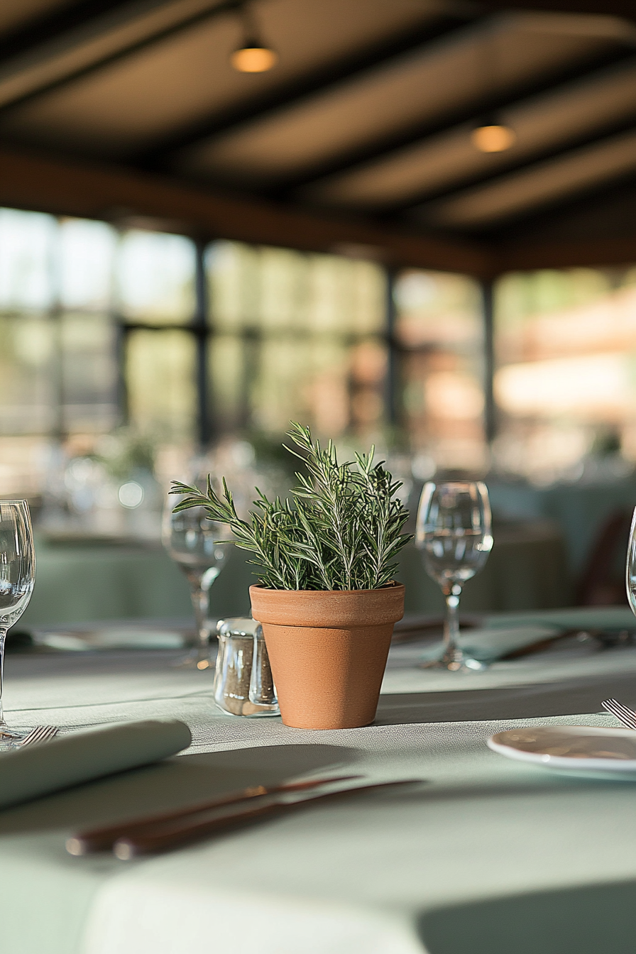 Wedding reception setup. Sage green table linens with rosemary potted centerpieces.