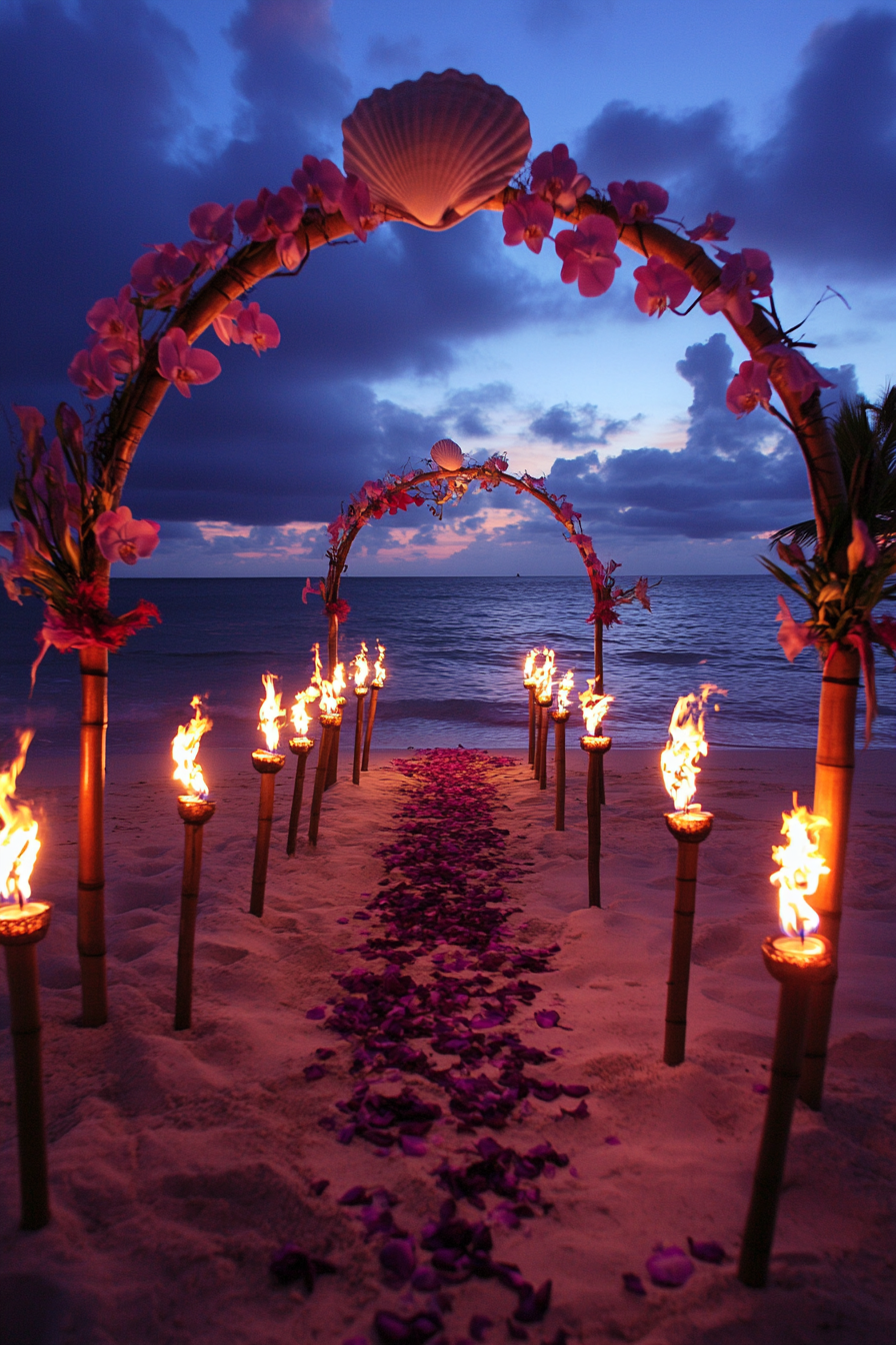 Wedding beach setup. Shell arch surrounded by tiki torches and floating orchids.