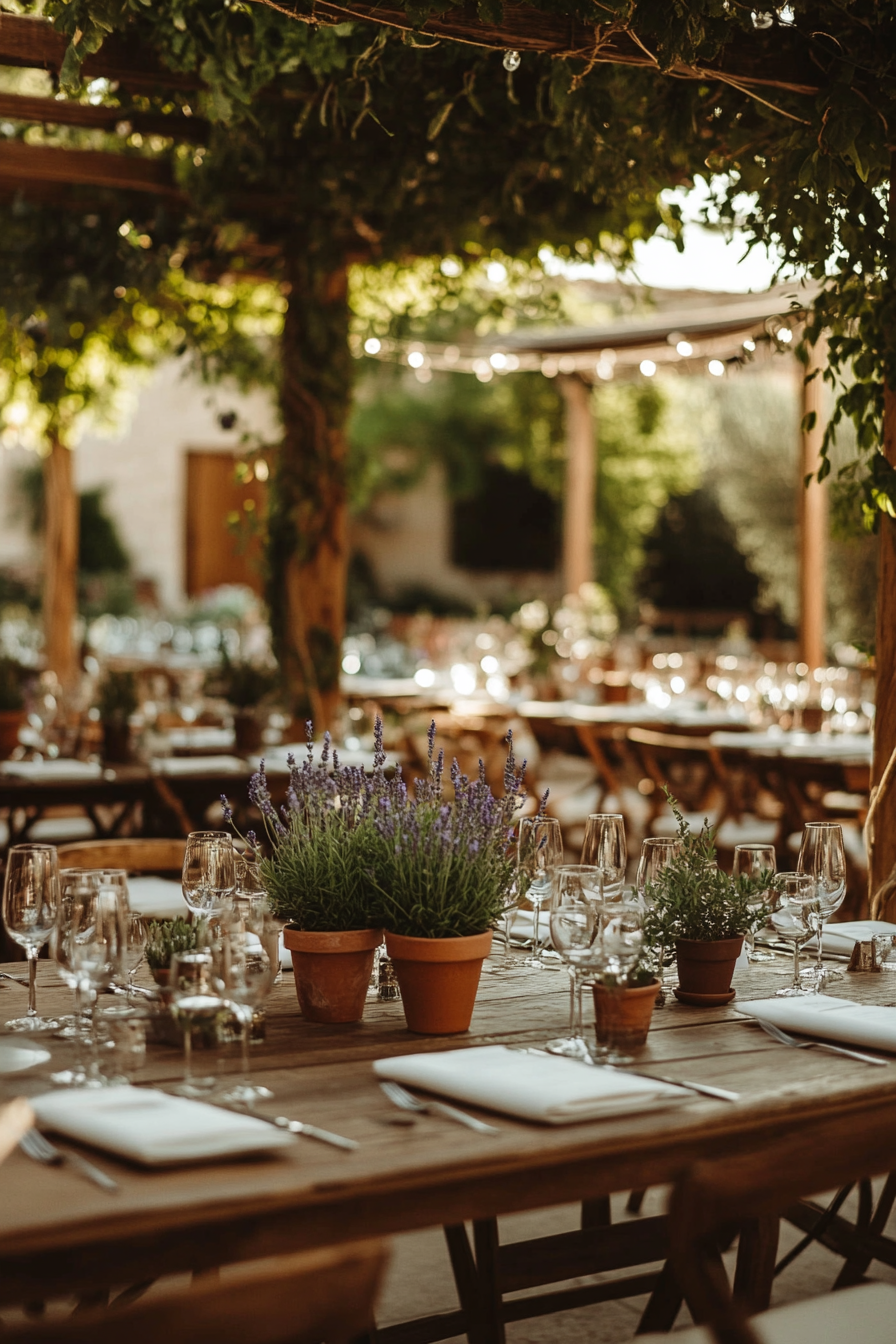 Wedding reception setup. Ivy-wrapped poles, wooden tables with earthy potted lavender centerpieces.