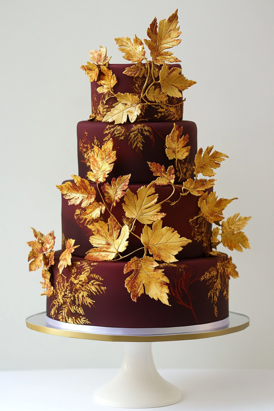 Wedding cake display. Golden leaf incrustation on maroon hand-painted fondant.