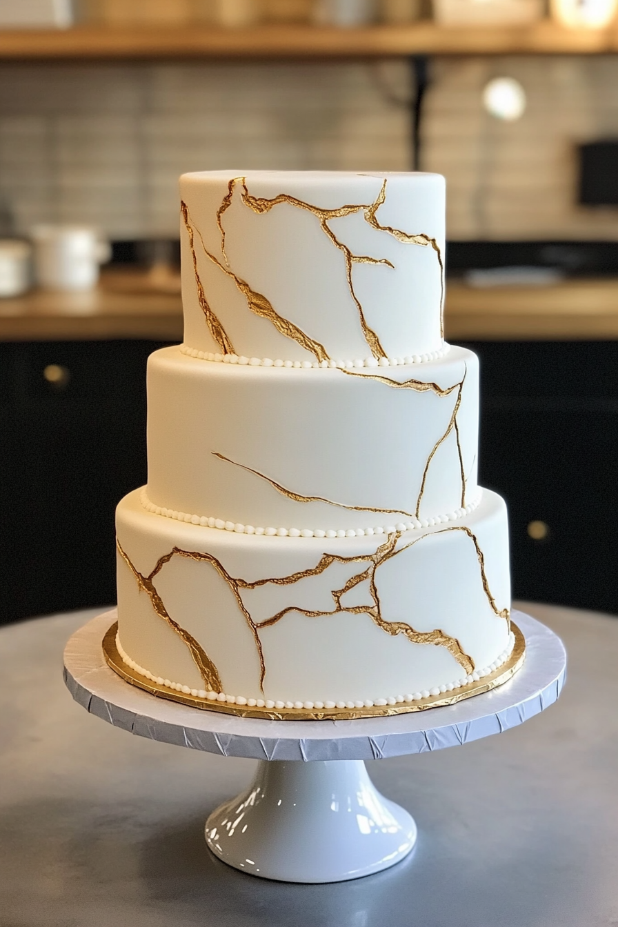 Wedding Cake Design. White fondant metallic two-tier with gold veining.