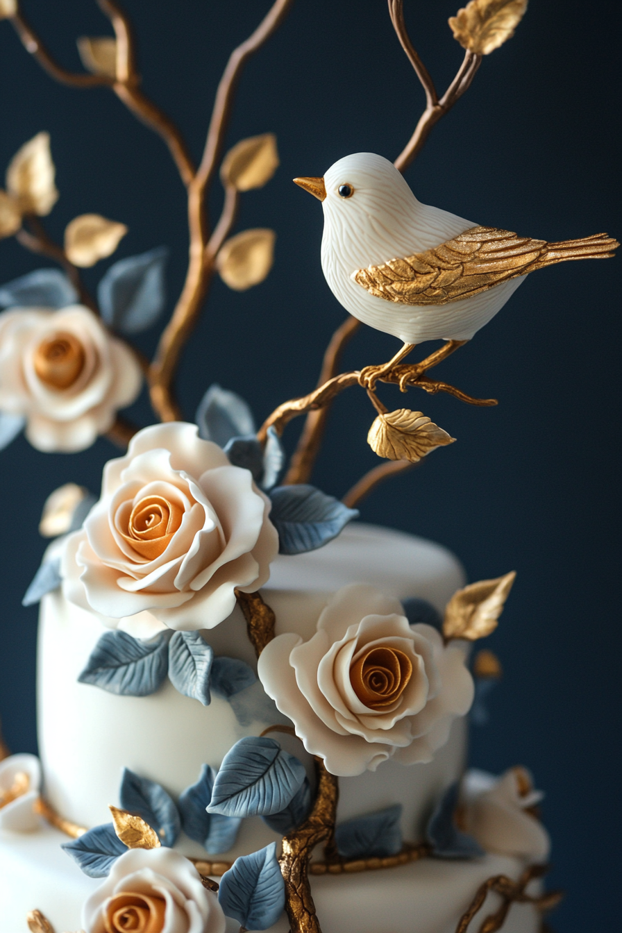 Wedding cake display. Hand-painted fondant with gold leaf bird on cascading roses.