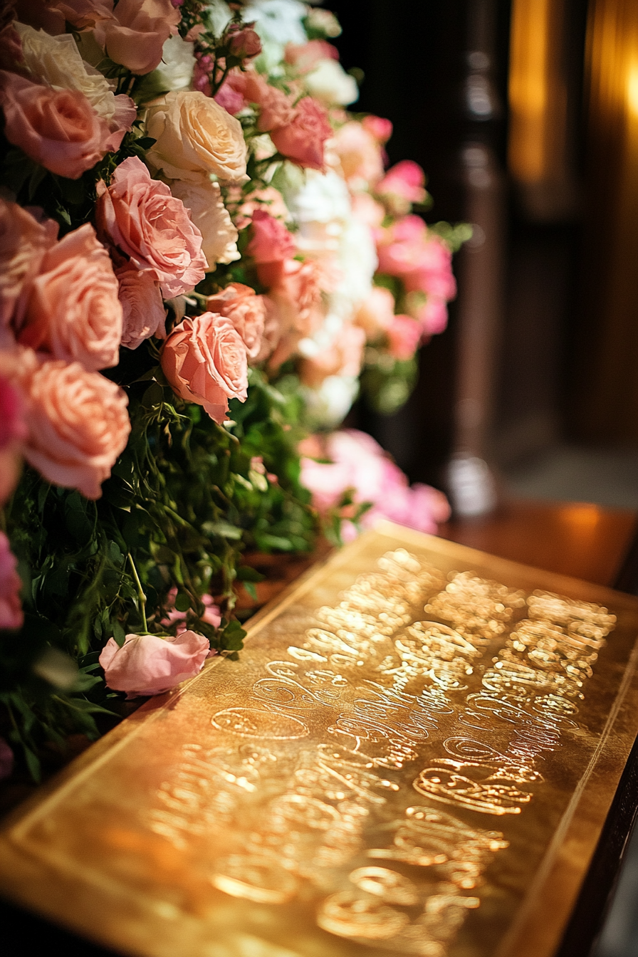 Wedding ceremony. Antique rose illuminated text on gold leaf calligraphy scroll.