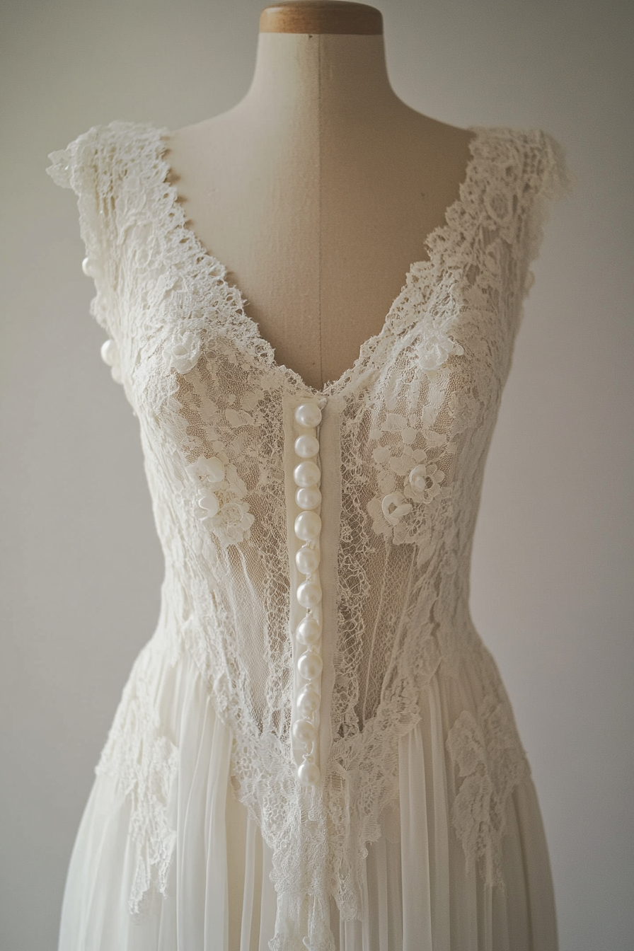 Wedding Dress Collection. Sleeveless empire waist gown with Chantilly lace and pearl buttons.