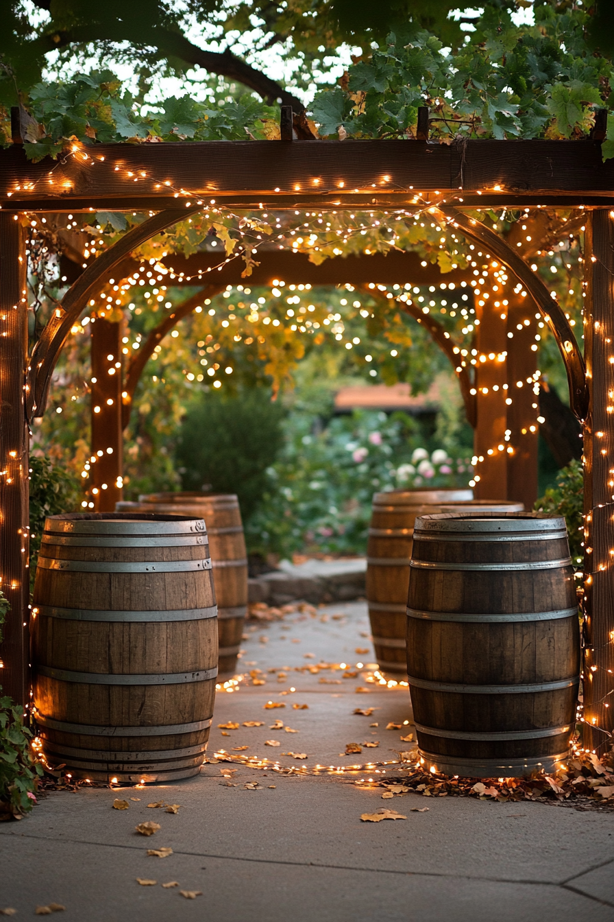 Wedding venue design. Oak barrel display with twinkle lights beneath grape arbor.