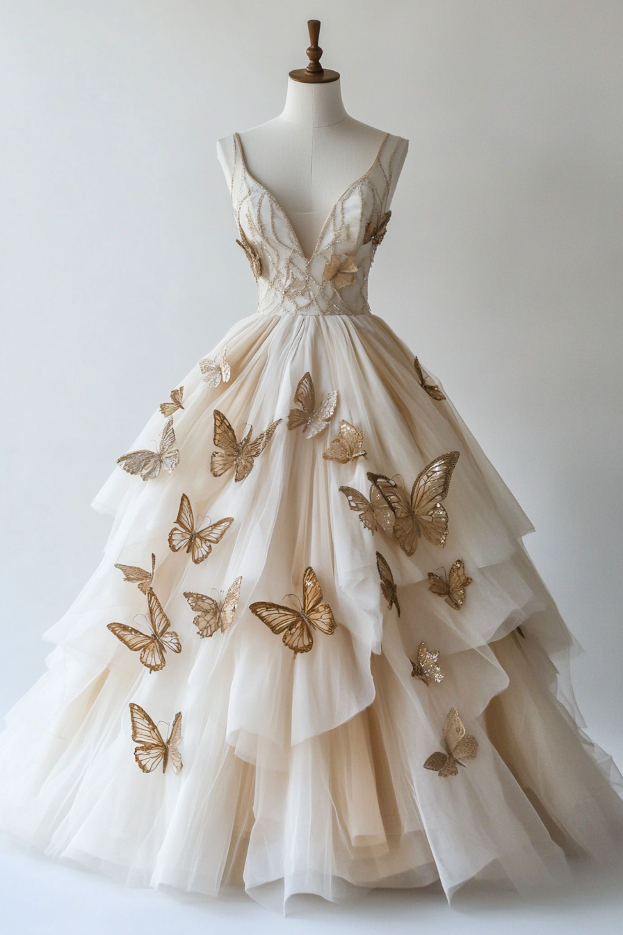 Wedding Ball Gown. Tulle layers with champagne butterfly appliques.