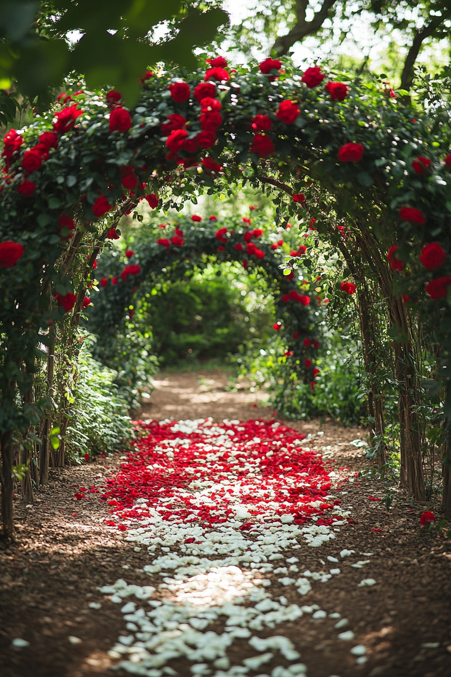 Garden wedding ceremony. Red rose arches with white petal pathway.