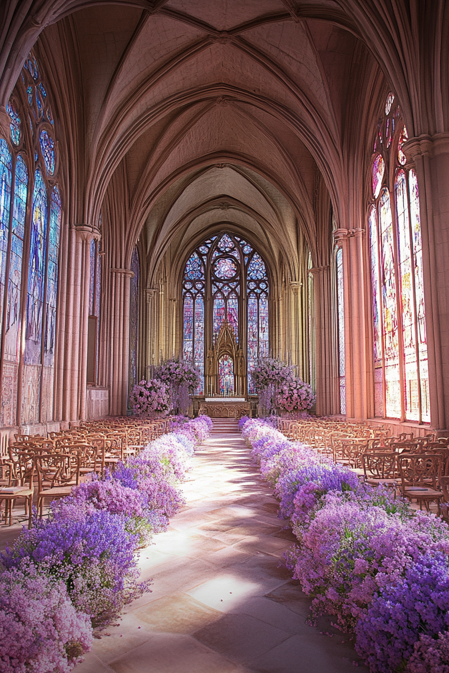 Wedding ceremony setting. Cathedral with stained glass windows and lavender flower-lined aisles.