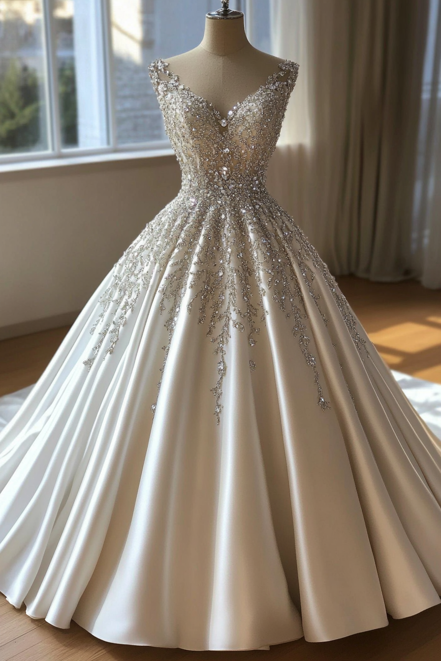 Wedding Gown. White satin with crystal-studded bodice and cathedral train.