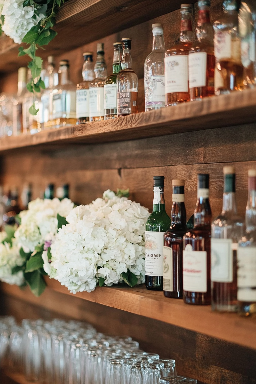 Wedding Bar Display. Rustic wooden floating shelves, white hydrangea garlands.