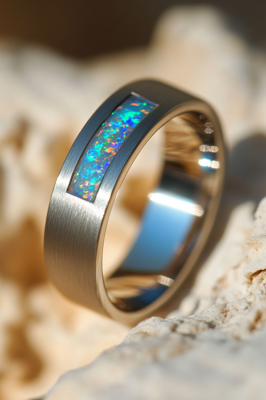 Wedding ring collection. Hidden opal inside a brushed titanium band.