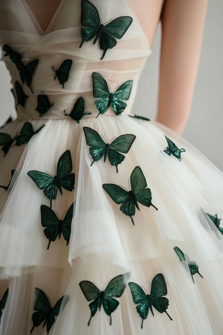 Wedding ball gown. Ivory tulle layers with emerald butterfly appliques.