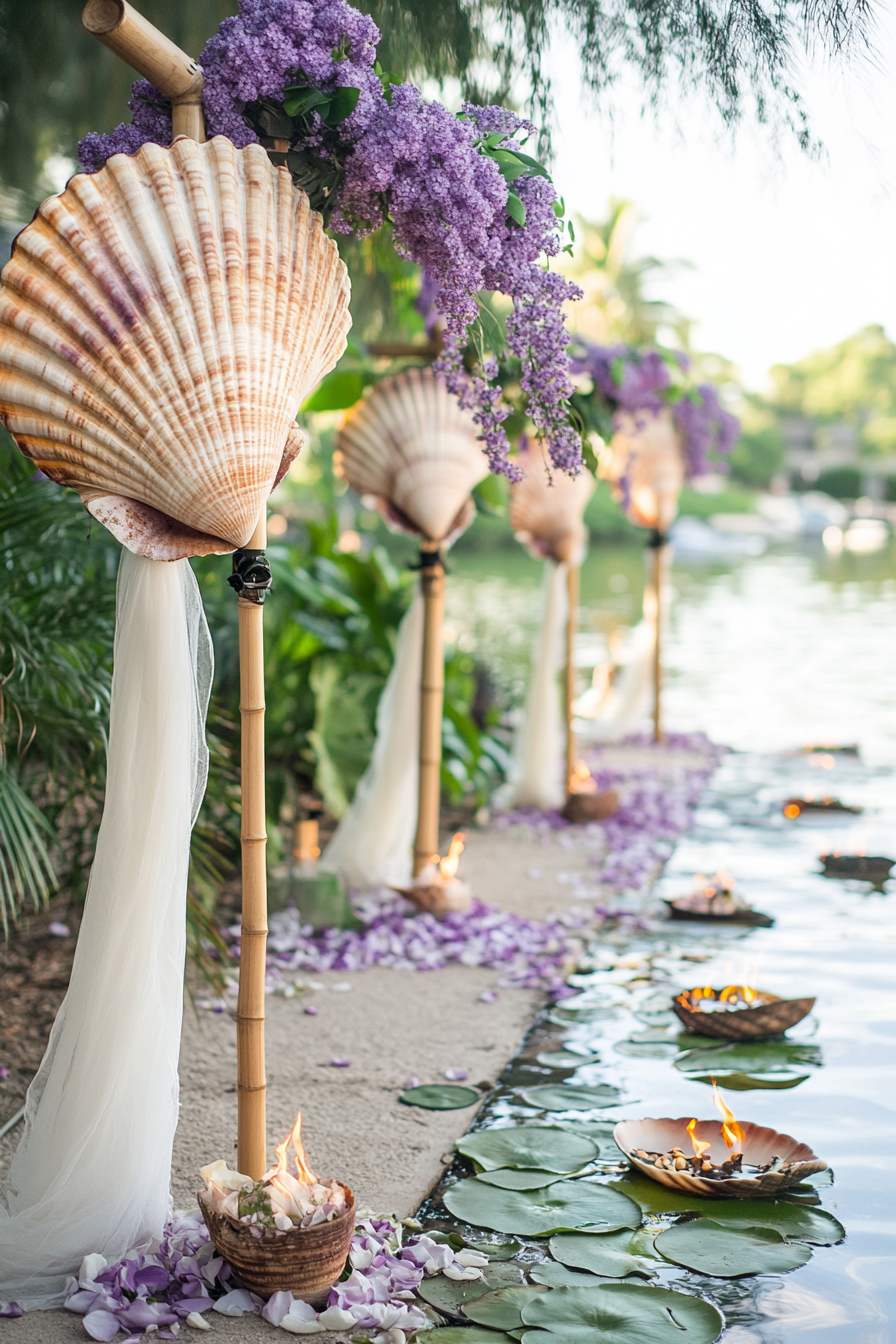 Wedding setup. Shell arch with ivory tulle, lilac flowers, tiki torches, and floating water lilies.