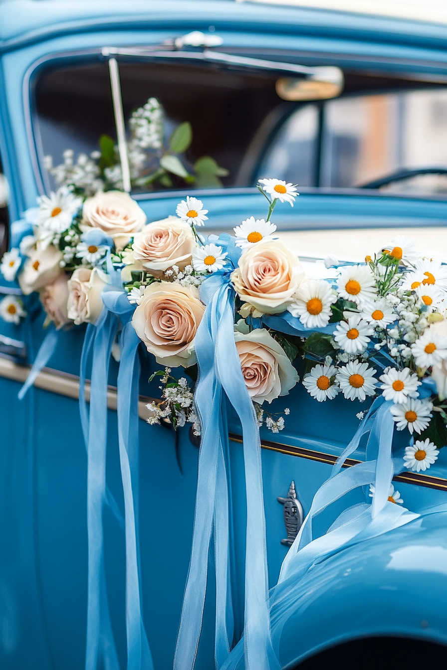 Wedding transport design. Vintage car with roses and daisies flower garland, streaming blue ribbons.