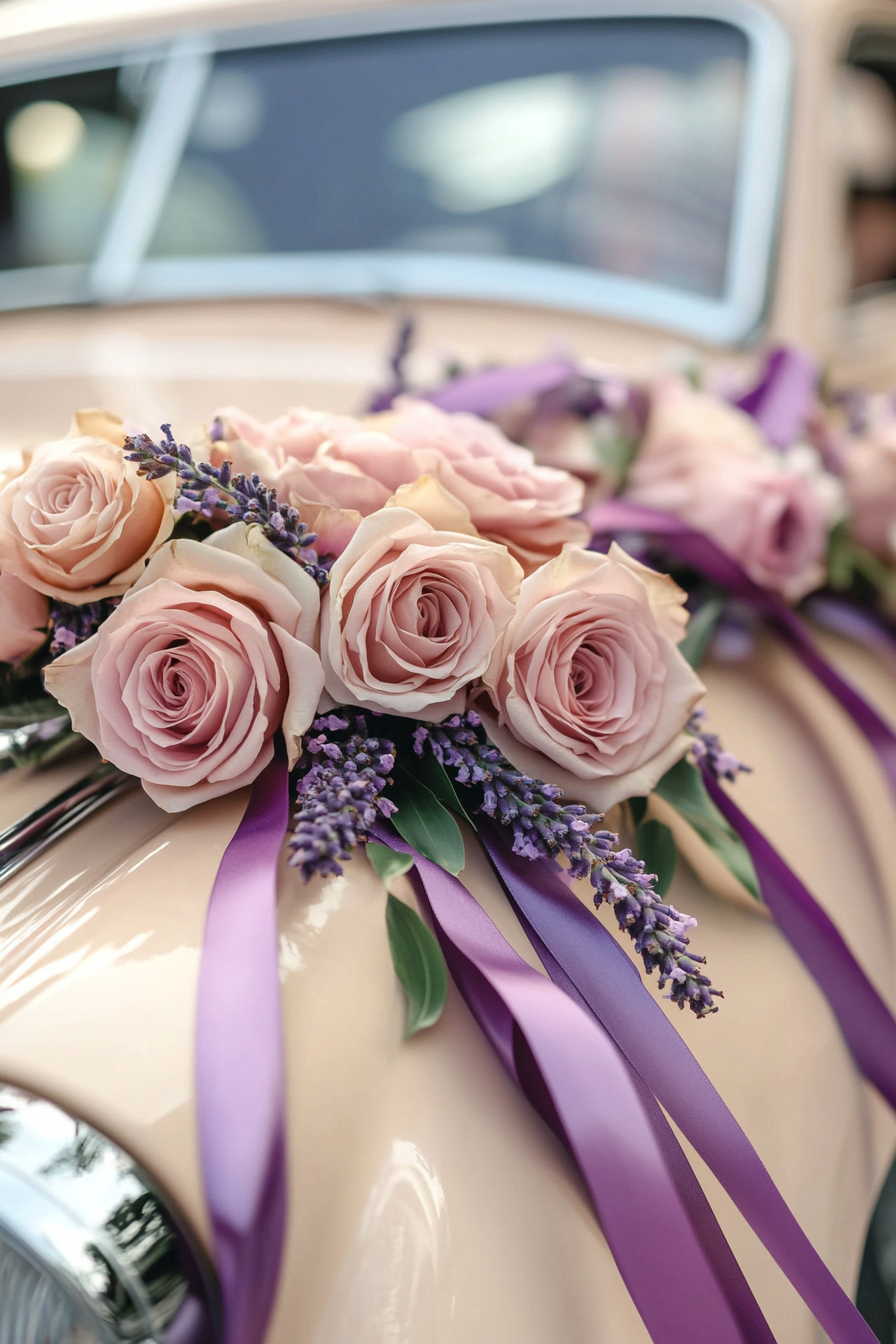 Wedding transport design. Vintage car adorned with roses and lavender ribbons.